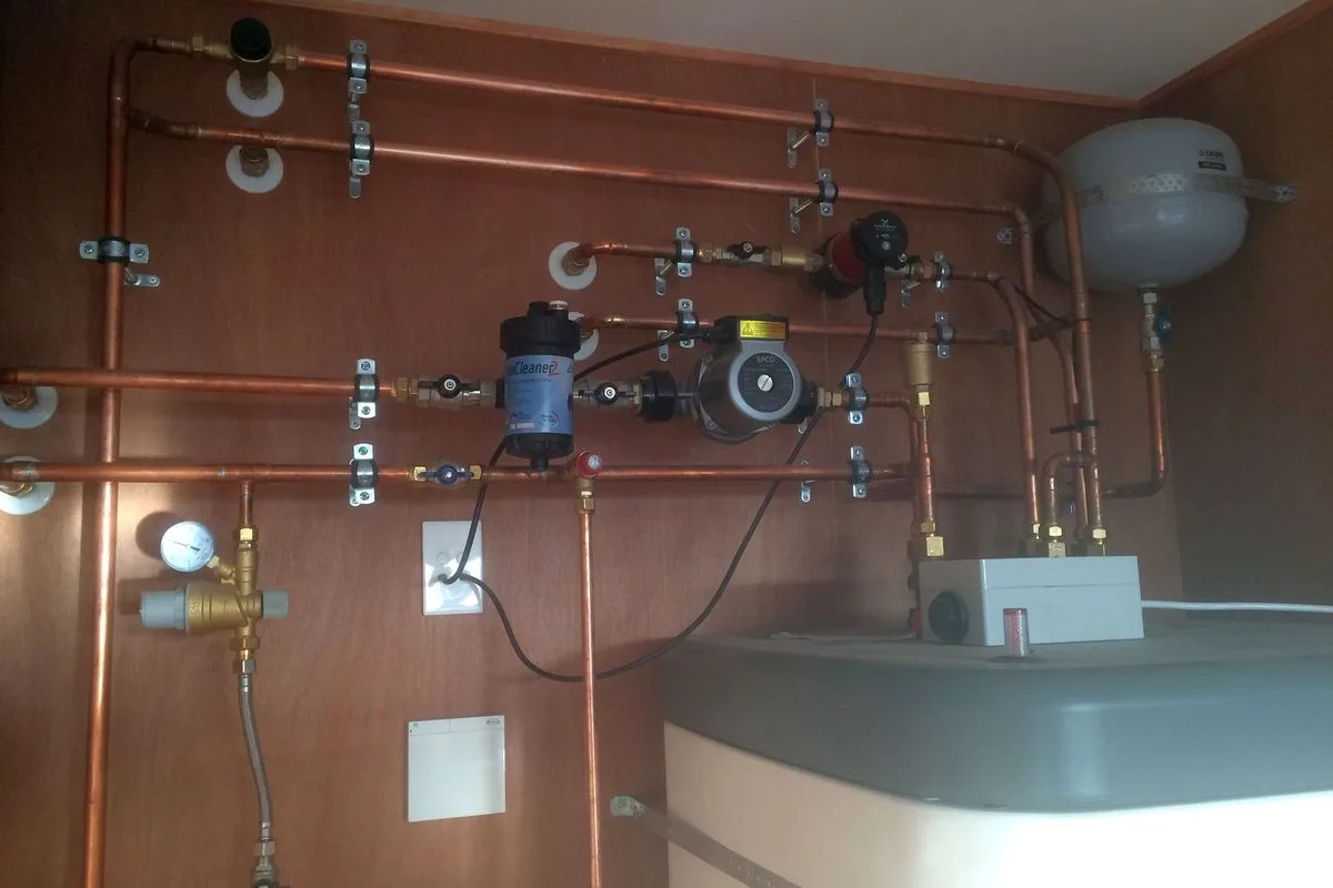 Copper pipework and heating equipment in the West Meadows Drive II plant room